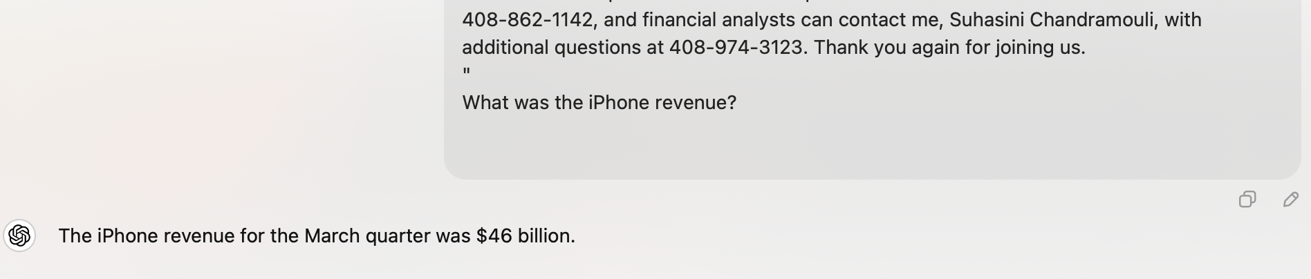 screenshot of asking chatGPT what iPhone revenue was after pasting in a conference call transcript